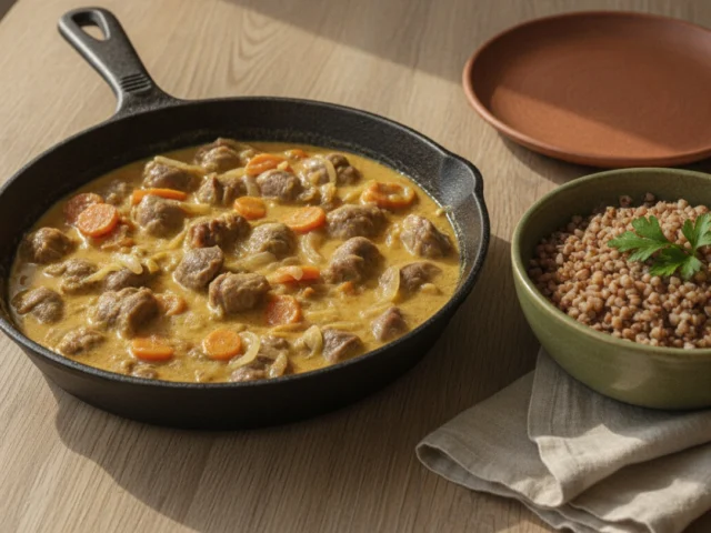 Куриные желудки, тушённые в сметане на сковороде